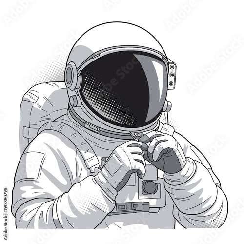 Astronaut in white spacesuit adjusting helmet, close up, vector illustration