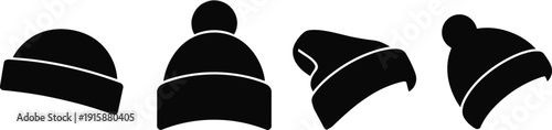 Black silhouette icons of winter hats including beanies and pom-pom styles, vector illustration showcasing seasonal fashion, headwear design, clothing accessories, and cold weather apparel