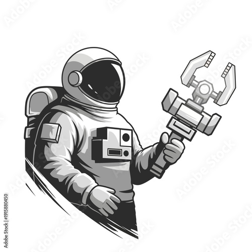 Astronaut with robotic arm, space exploration illustration
