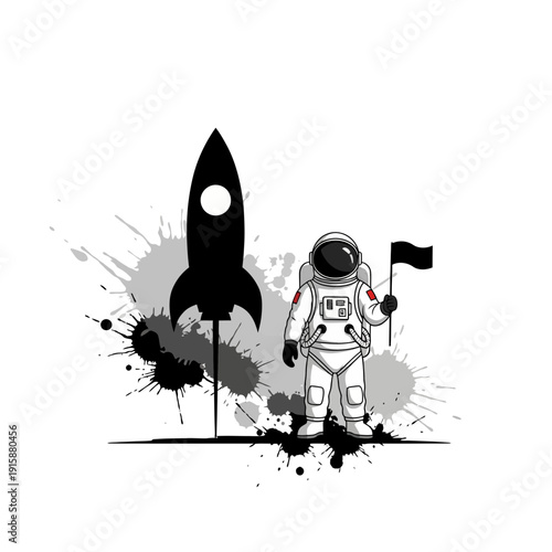 Astronaut with rocket and flag, space exploration concept