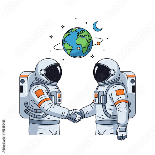 Astronauts handshake in space with Earth and moon illustration