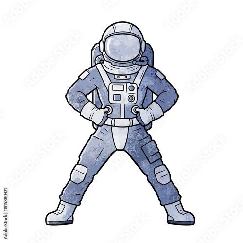 Cartoon astronaut posing with hands on hips, space suit, helmet, backpack
