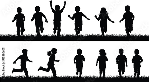 Children playing and running silhouettes set, happy kids outdoor activity on grass, joyful childhood motion concept, healthy lifestyle scene, black flat vector illustration