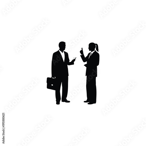 Two business professionals engaged in a discussion, standing and holding devices, depicted in a minimalist black silhouette illustration