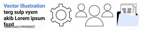 Gear, three user icons, and data files in a folder symbolize teamwork, system processes, and data organization. Ideal for collaboration, workflow, management, business innovation strategy simple