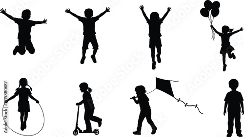 Children playing silhouette vector illustration, happy kids jumping, running, flying kites, skipping rope, riding scooter, holding balloons, outdoor fun and joyful childhood concept design