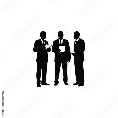 Three business professionals in suits engaging in a discussion, standing together, holding documents, in a professional setting, viewed from the front