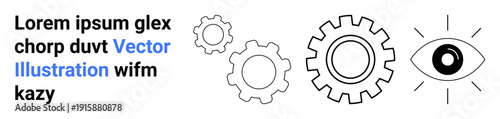Technology, vision, innovation, mechanics, automation, process optimization. Gears and an eye symbol in a clean black-and-white design. Technology and vision concept reflecting dynamics and process