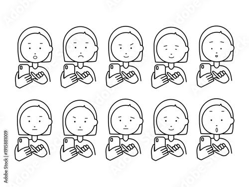 線画　スマホを触る女性　表情10選