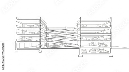 Multi-level parking garage architectural drawing with cars and ramps