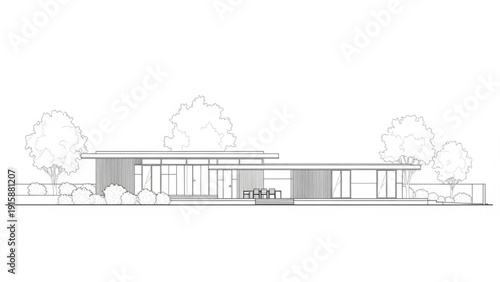 Detailed Architectural Elevation Drawing Showcasing a Modern Minimalist House with Flat Roof and Landscaping Elements
