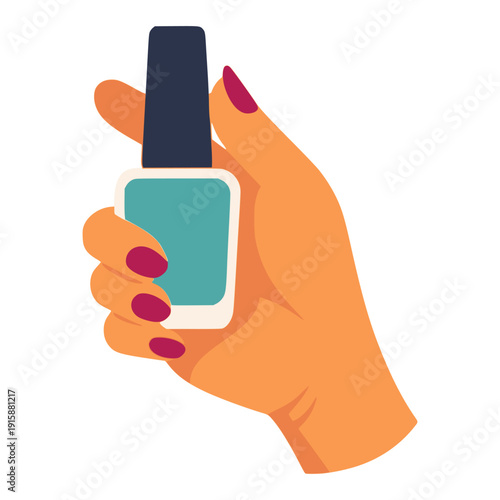 female hand holding nail polish manicure care tool beauty flat color vector illustration template design