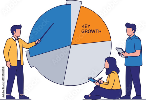 Illustration of three individuals analyzing a pie chart with key growth segment highlighted, representing business strategy and teamwork in a modern setting