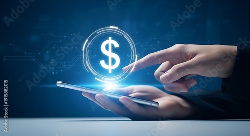 Person interacting with dollar symbol on digital tablet screen in a dark blue environment from a close-up viewpoint Whisk