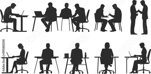 Black silhouettes of office workers collaborating, discussing, and working at desks with laptops, teamwork, communication, professional workplace environment