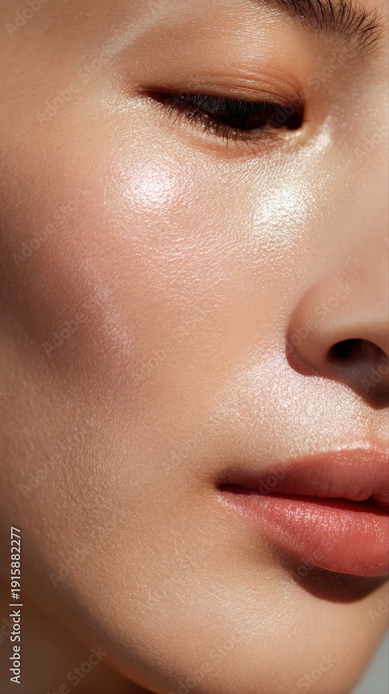 Naklejka premium Close-up of a Woman's Radiant Skin with Natural Highlight, Emphasizing Beauty and Skincare Routine