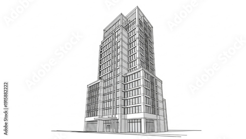 Detailed architectural sketch of a modern high-rise building showcasing contemporary urban design