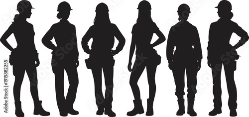Confident construction worker silhouettes in hard hats and tool belts, representing teamwork, engineering, labor, and industrial professionalism