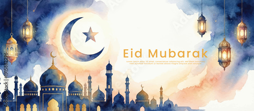 Elegant watercolor Ramadan panoramic banner with crescent moon and golden lanterns for website headers, social media covers, Eid promotions, and Islamic event branding