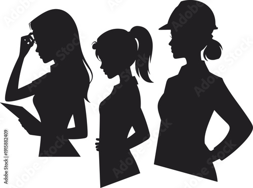 Diverse women silhouettes representing professional roles, academic expertise, casual lifestyle, and construction engineering workforce in modern society