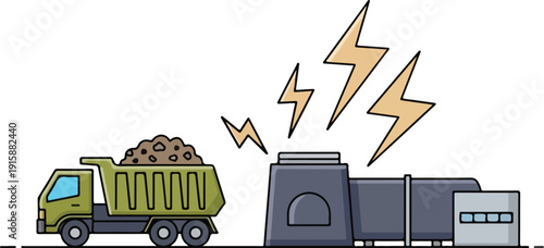 Industrial truck unloading materials into a machinery facility with electrical activity nearby