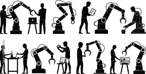 Human collaboration with robotic arms in modern industrial automation, engineers programming, monitoring, assembling, and controlling advanced technology systems