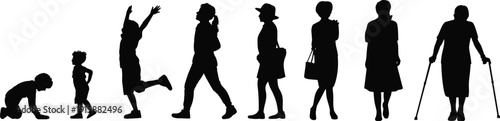 Human life stages progression silhouette, from infant to elderly, aging process, growth development, generational journey, evolution illustration