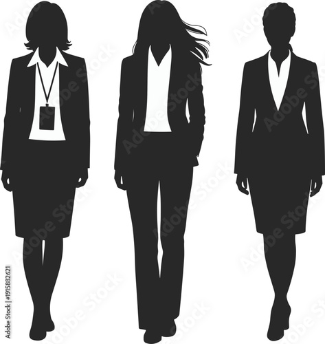 Professional businesswomen silhouettes walking confidently, corporate attire, workplace diversity, leadership representation, modern office fashion, career success