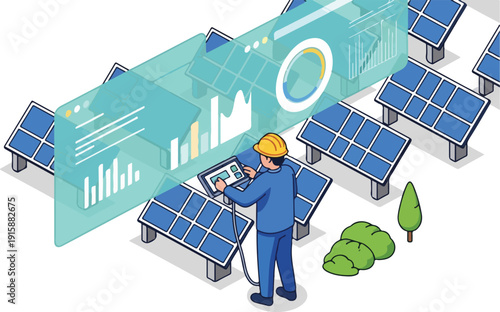 Technician inspecting solar panels in a large renewable energy farm with digital interface and greenery nearby