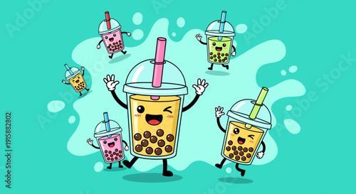 Cartoon Bubble Tea Characters with Straws.
