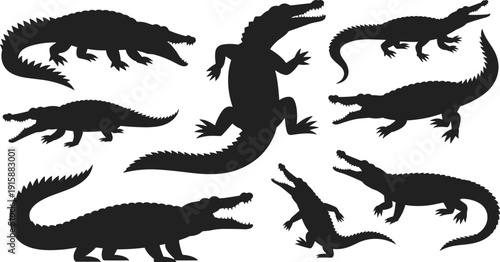 Silhouette crocodile collection, reptile animal poses, aggressive stances, upright anthropomorphic crocodile, wildlife illustration, predator design elements