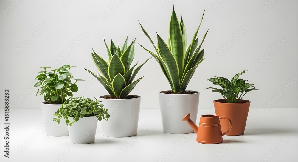 Obraz premium Indoor plants and gardening essentials on white background