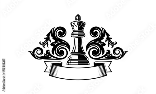 Elegant Chess King Piece with Ornate Swirls and Blank Banner.