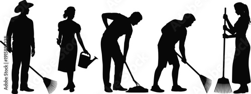Silhouetted figures performing various gardening and yard work activities with rake and watering can in outdoor maintenance scene