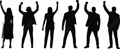 Silhouetted diverse group raising fists in solidarity, unity, activism, protest, empowerment, resistance, equality, social justice movement