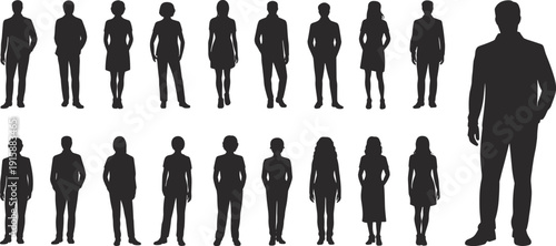 Silhouettes of diverse individuals in two rows with larger figure symbolizing hierarchy, diversity, scale, leadership, and comparison