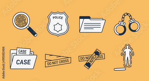 Crime Investigation Icons Featuring Police Symbols.