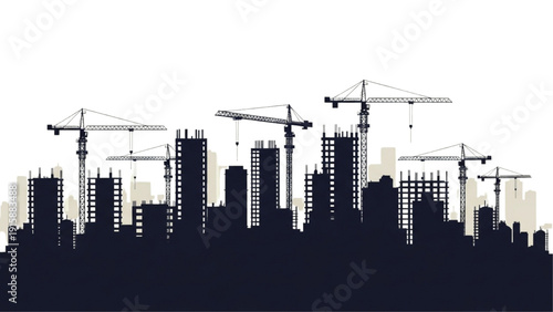 Modern city construction silhouette showcasing ongoing urban development with numerous active building cranes