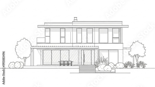 Modern architectural line drawing of a luxurious residential home with sleek design and well-manicured garden exterior