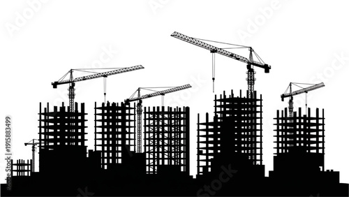 Dynamic urban development silhouette cranes actively construct new buildings shaping the modern city skyline