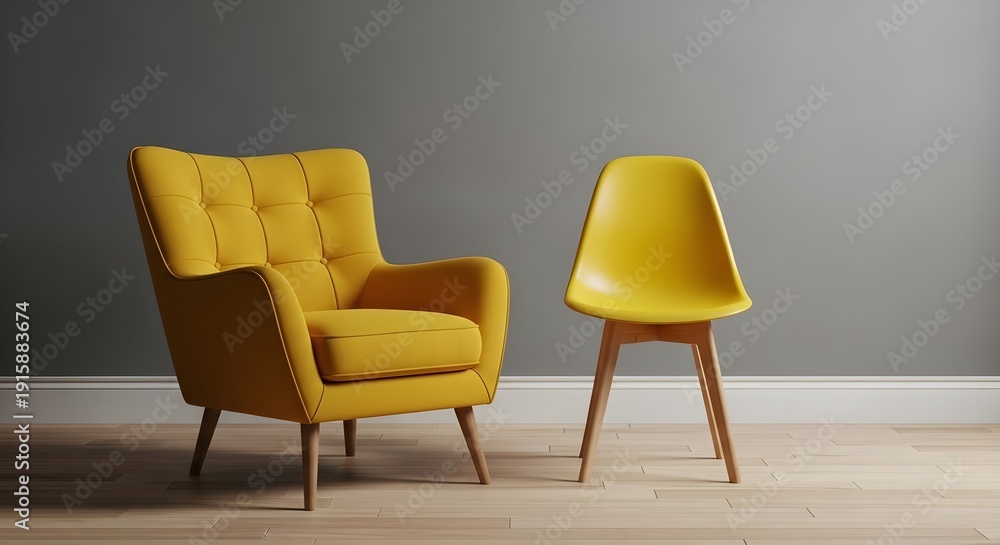 Obraz premium Two yellow chairs in a room with gray wall