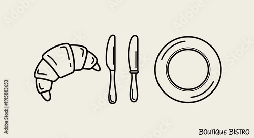 Croissant Knife Butter Plate Simple Line Drawing.