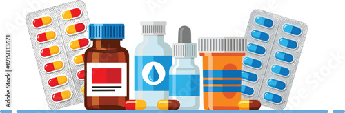 Collection of pharmaceutical items including capsules, pill bottles, and liquid medicine containers for healthcare, pharmacy, medical packaging, and drug visuals