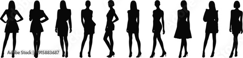 Silhouettes of fashionable women in diverse poses, stylish dresses and high heels, elegant fashion design concept illustration