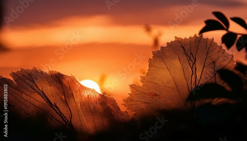 Silhouetted Foliage Glowing Against Vibrant Sunset Contrast Macro