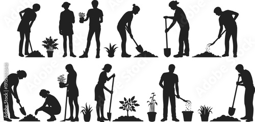 Silhouettes of people gardening with tools, planting flowers, watering plants, digging soil, tending garden care outdoor activities