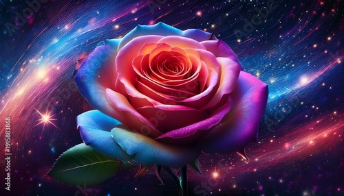 Beautiful Cosmic Rose In Vibrant Colors With Sparkling Stars And Ethereal Space Background