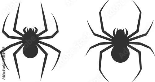 Stylized black spider silhouettes illustration, graphic arachnid design with curved and angular legs, isolated vector symbol for decoration, education