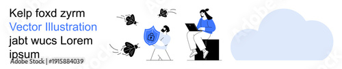 Cybersecurity, online safety, data protection, digital security, cyber threats, internet privacy. Person holding a shield with security icon, fending off threats. Cybersecurity and online safety