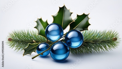 Isolated Holiday Holly Sprig With Blue Glass Berries For Christmas New Year S Decor